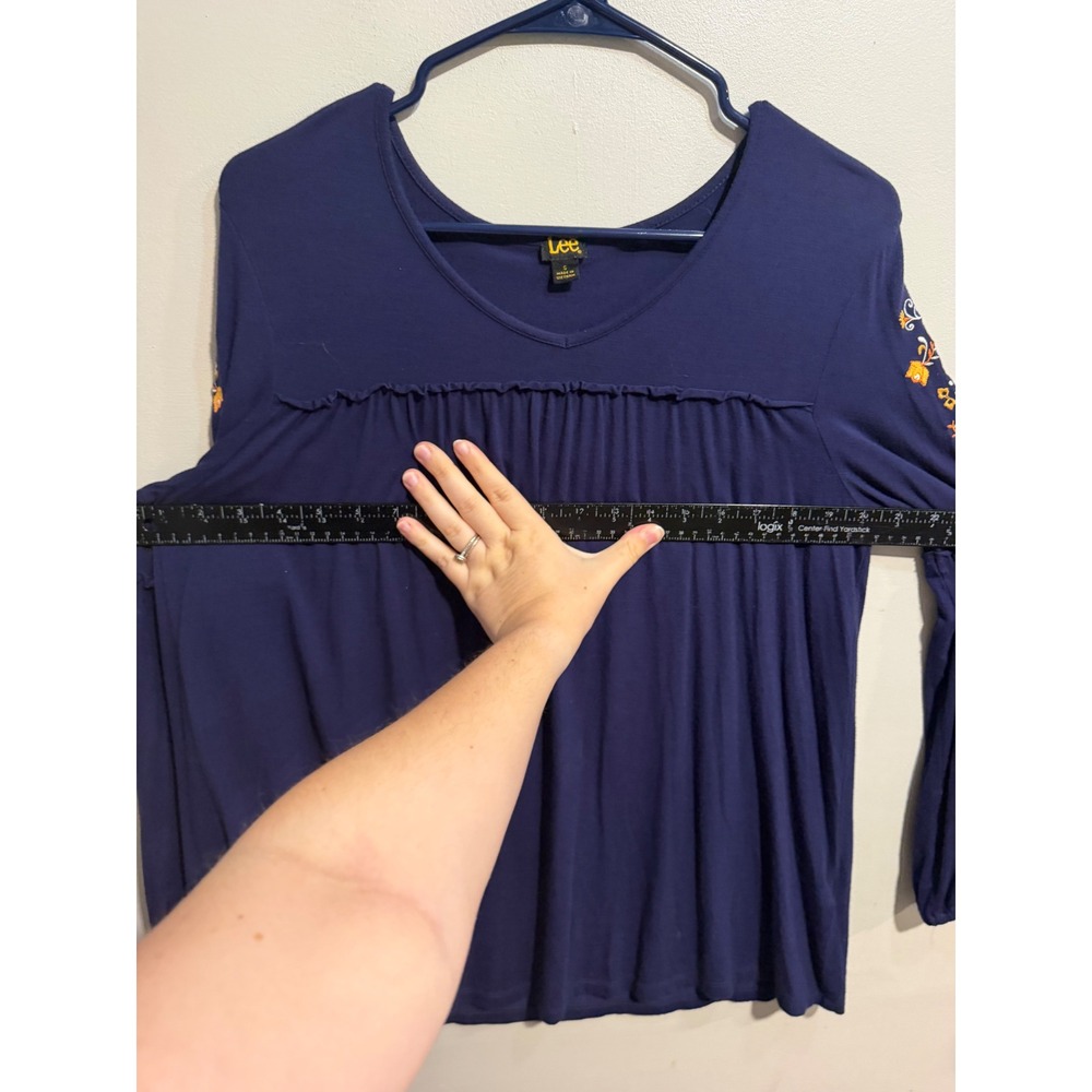 Lee Womens Navy Blue Embroidered Long Sleeve Boho V-Neck Blouse Small - Picture 8 of 9